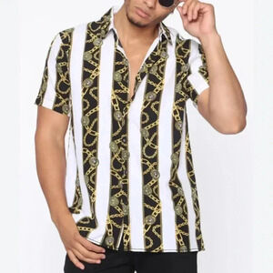 NWOT Drill Baroque Gold Men’s 3XL Lion Chain Print Casual Shirt Big & Tall Disco